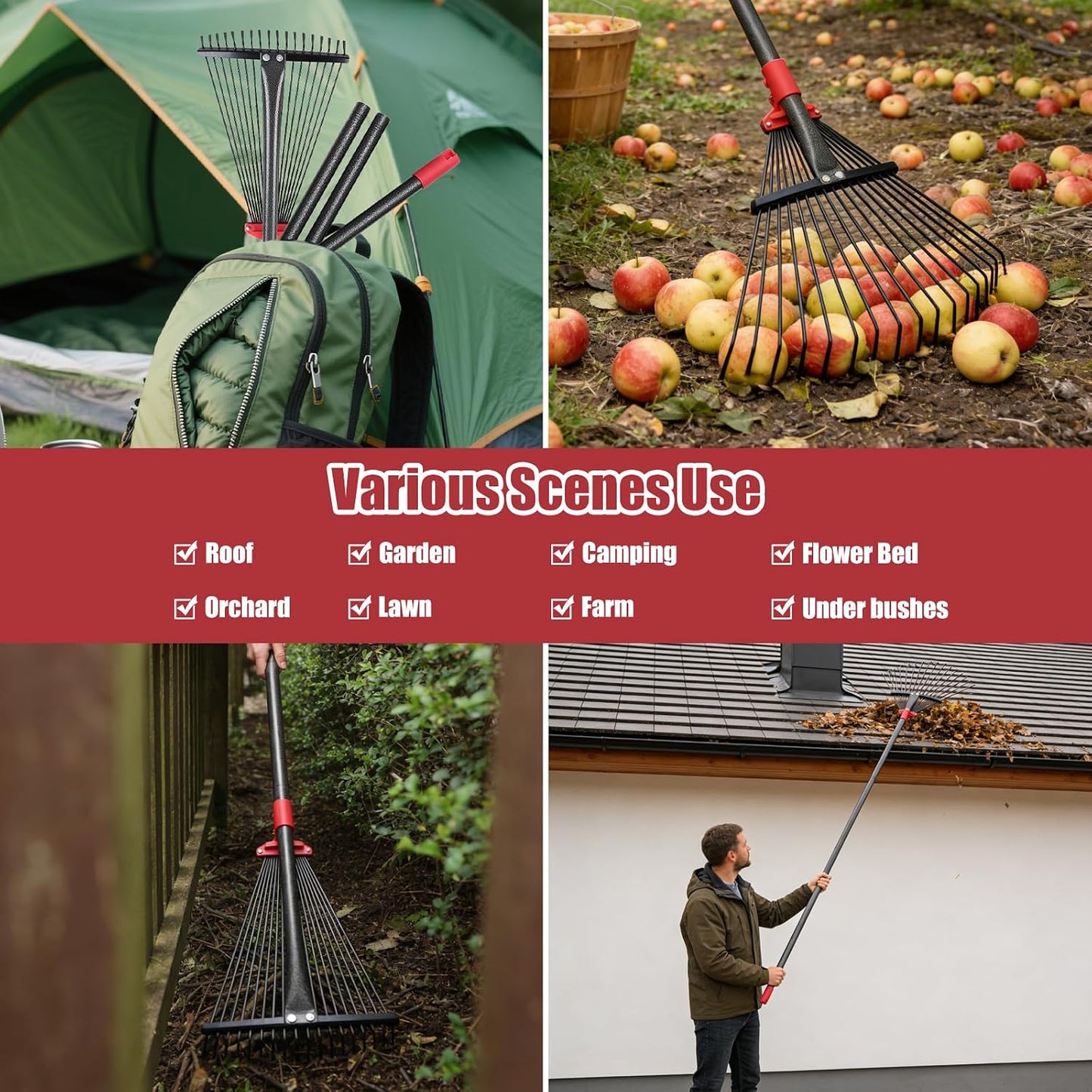 Garden Rake for Leaves: 70 Inch Adjustable Long Handle 18 Metal Tines with 8-17" Expandable Head Heavy Duty Metal Rake for Lawns Leaves Yard Grass Camping Debris