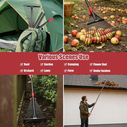 Garden Rake for Leaves: 70 Inch Adjustable Long Handle 18 Metal Tines with 8-17" Expandable Head Heavy Duty Metal Rake for Lawns Leaves Yard Grass Camping Debris