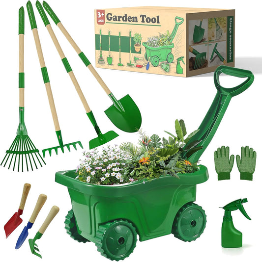 10Pcs Kids Gardening Tools Set - Wheelbarrow Toys with Shovel, Rake, Hoe and Leaf Rake for Outdoor Backyard Play, STEM Educational Toys, for Toddler Boys & Girls Ages 3 4 5