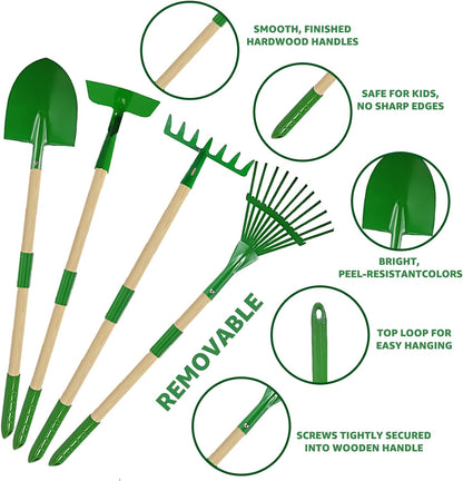 10Pcs Kids Gardening Tools Set - Wheelbarrow Toys with Shovel, Rake, Hoe and Leaf Rake for Outdoor Backyard Play, STEM Educational Toys, for Toddler Boys & Girls Ages 3 4 5