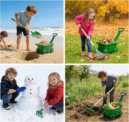 10Pcs Kids Gardening Tools Set - Wheelbarrow Toys with Shovel, Rake, Hoe and Leaf Rake for Outdoor Backyard Play, STEM Educational Toys, for Toddler Boys & Girls Ages 3 4 5