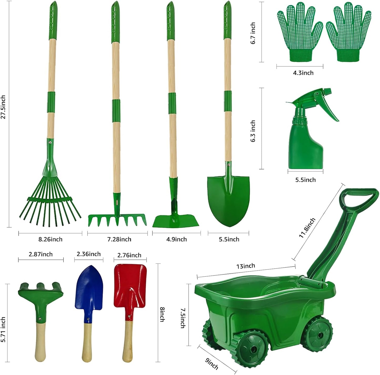 10Pcs Kids Gardening Tools Set - Wheelbarrow Toys with Shovel, Rake, Hoe and Leaf Rake for Outdoor Backyard Play, STEM Educational Toys, for Toddler Boys & Girls Ages 3 4 5