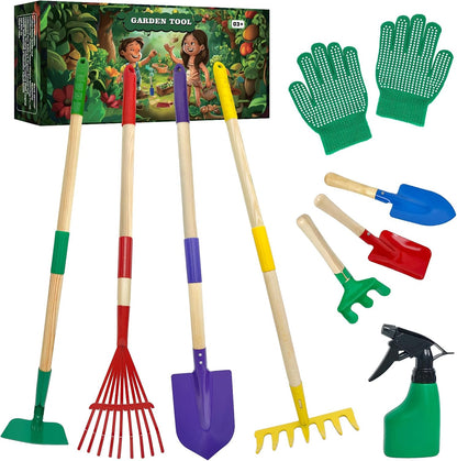 10Pcs Kids Gardening Tools Set - Wheelbarrow Toys with Shovel, Rake, Hoe and Leaf Rake for Outdoor Backyard Play, STEM Educational Toys, for Toddler Boys & Girls Ages 3 4 5