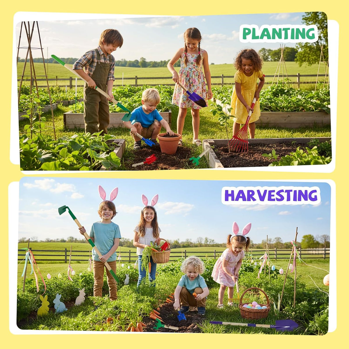 10Pcs Kids Gardening Tools Set - Wheelbarrow Toys with Shovel, Rake, Hoe and Leaf Rake for Outdoor Backyard Play, STEM Educational Toys, for Toddler Boys & Girls Ages 3 4 5