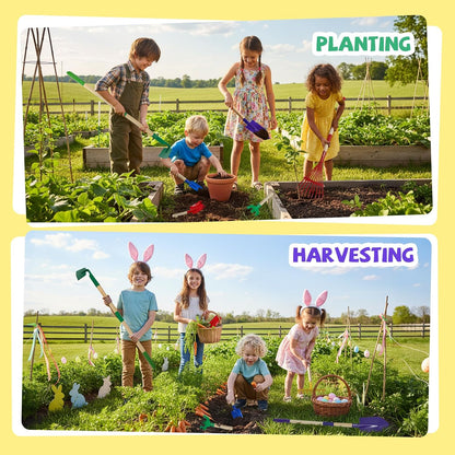 10Pcs Kids Gardening Tools Set - Wheelbarrow Toys with Shovel, Rake, Hoe and Leaf Rake for Outdoor Backyard Play, STEM Educational Toys, for Toddler Boys & Girls Ages 3 4 5
