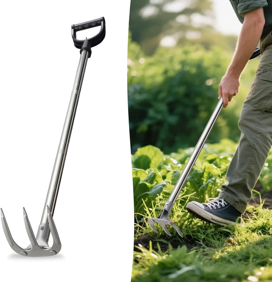 65” Long Handle Weeding and Cultivating Rake, 3-Tine Garden Rake for Stand Up Gardening, No Bending or Kneeling to Loosen Soil, Heavy Duty Steel with D-Grip Handle