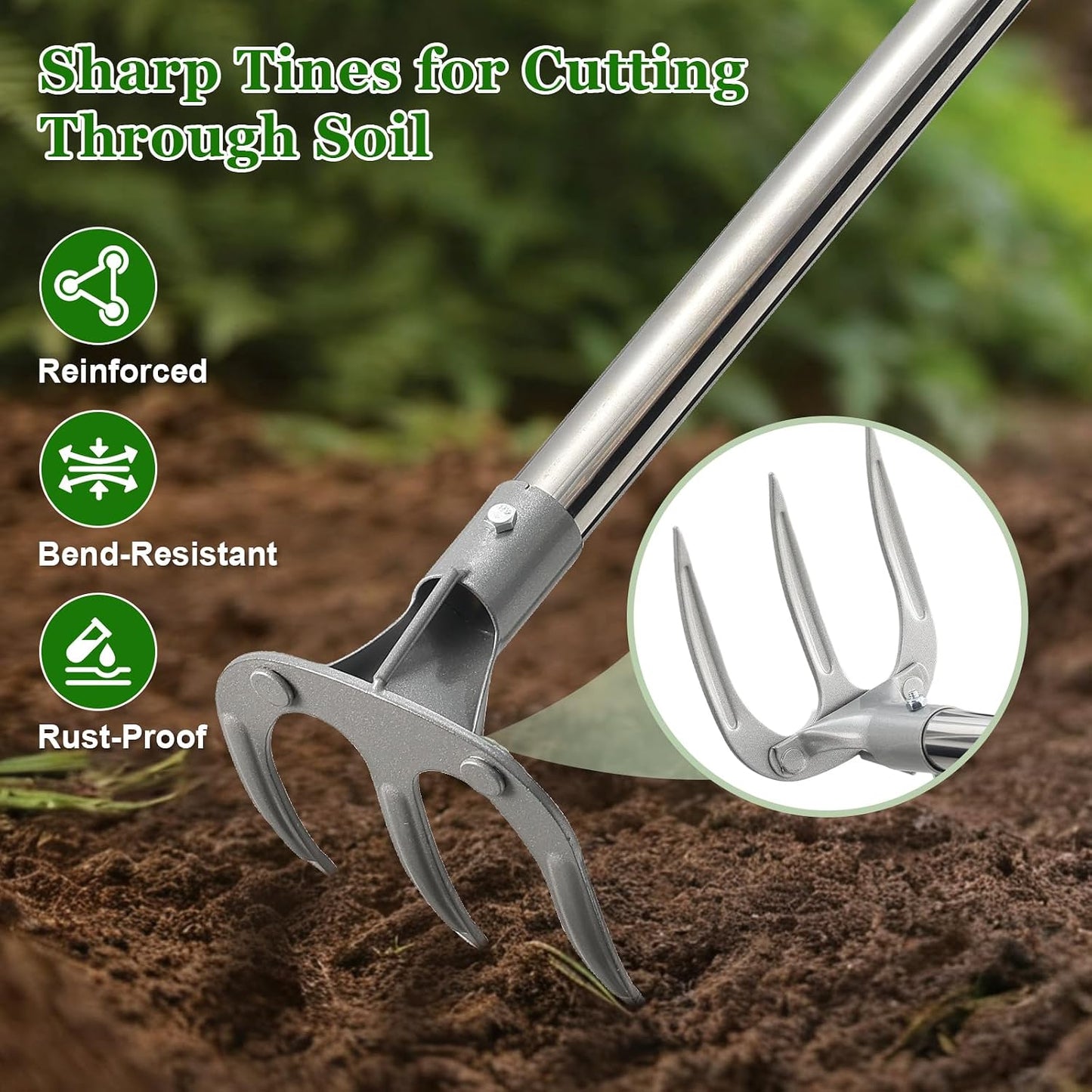 65” Long Handle Weeding and Cultivating Rake, 3-Tine Garden Rake for Stand Up Gardening, No Bending or Kneeling to Loosen Soil, Heavy Duty Steel with D-Grip Handle