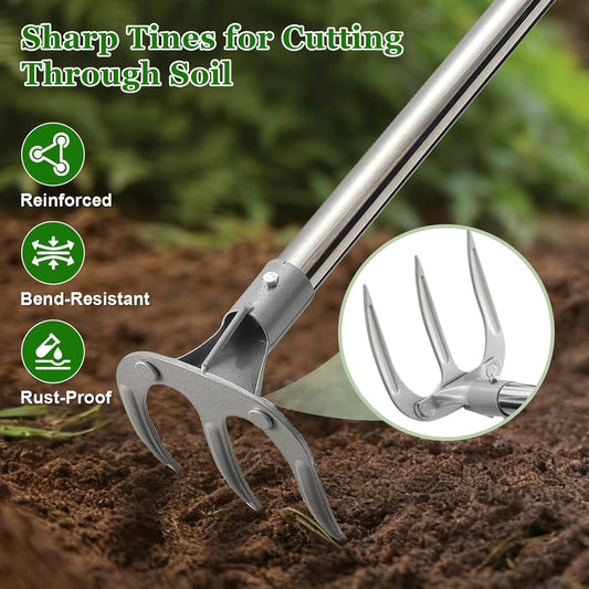 65” Long Handle Weeding and Cultivating Rake, 3-Tine Garden Rake for Stand Up Gardening, No Bending or Kneeling to Loosen Soil, Heavy Duty Steel with D-Grip Handle