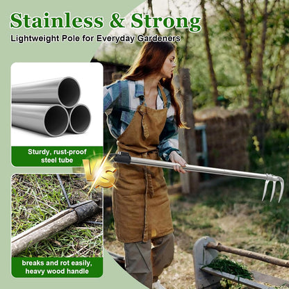 65” Long Handle Weeding and Cultivating Rake, 3-Tine Garden Rake for Stand Up Gardening, No Bending or Kneeling to Loosen Soil, Heavy Duty Steel with D-Grip Handle