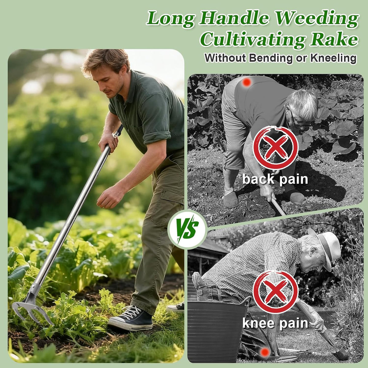 65” Long Handle Weeding and Cultivating Rake, 3-Tine Garden Rake for Stand Up Gardening, No Bending or Kneeling to Loosen Soil, Heavy Duty Steel with D-Grip Handle