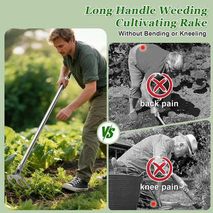65” Long Handle Weeding and Cultivating Rake, 3-Tine Garden Rake for Stand Up Gardening, No Bending or Kneeling to Loosen Soil, Heavy Duty Steel with D-Grip Handle