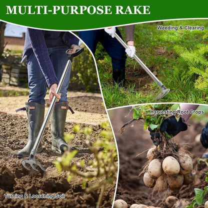 65” Long Handle Weeding and Cultivating Rake, 3-Tine Garden Rake for Stand Up Gardening, No Bending or Kneeling to Loosen Soil, Heavy Duty Steel with D-Grip Handle