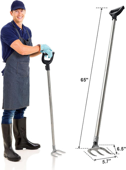 65” Long Handle Weeding and Cultivating Rake, 3-Tine Garden Rake for Stand Up Gardening, No Bending or Kneeling to Loosen Soil, Heavy Duty Steel with D-Grip Handle