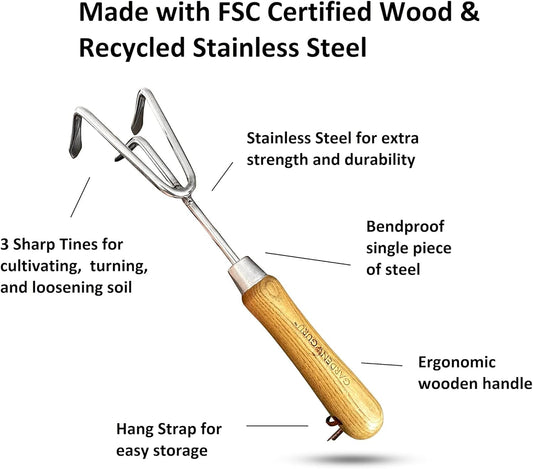 Eco Hand Cultivator Rake Tiller Tool- 100% Recycled Stainless Steel - Rust Resistant - FSC Certified Wood Ergonomic Handle - Great for Gardening Cultivating Loosening Weeding