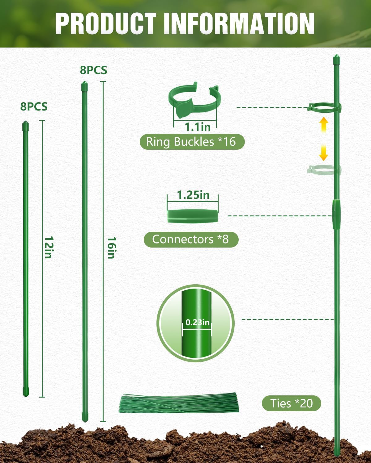 16 Pack 12 & 16 Inch Plant Support Stakes for Indoor & Garden