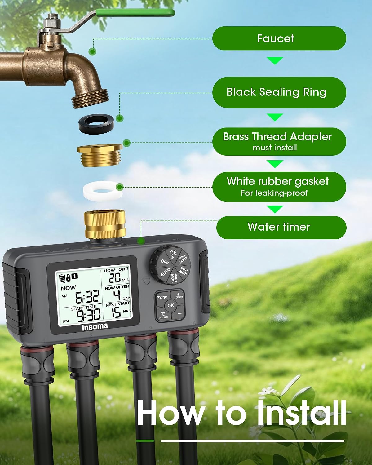 Water Timer for Outdoor Garden Hose, Hose Timer with Rain Delay/Manual Mode, Automatic Drip Irrigation Controller System for Lawn Yard Garden Watering