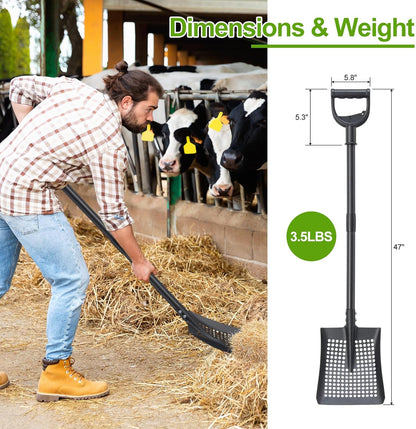 Sifter Shovel for Chicken Coop, 47 Inch Heavy Duty Beach Sifting Shovel for Sand Rock Poop Cleaning, Metal Detector Shovels for Farm, Gardening, D-Grip Handle, Square Gardening Shovels