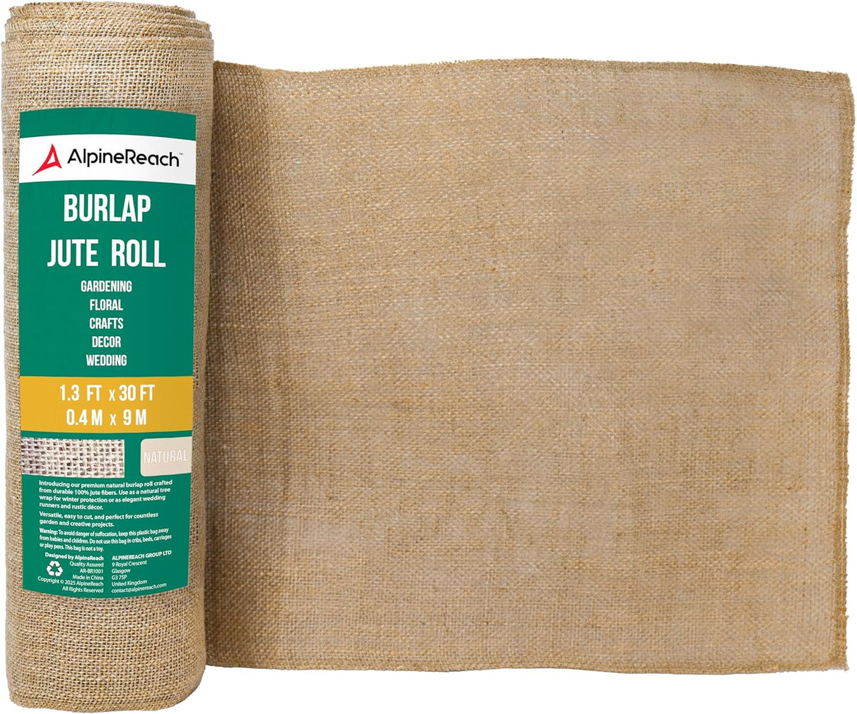 Burlap Fabric Roll 1.3ft x 30ft - Multipurpose Natural Jute for Tree & Plant Frost Protection, Wedding Runner Decorations, Home Center Pieces, Rustic Fiber Party Décor, Gardening