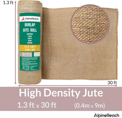 Burlap Fabric Roll 1.3ft x 30ft - Multipurpose Natural Jute for Tree & Plant Frost Protection, Wedding Runner Decorations, Home Center Pieces, Rustic Fiber Party Décor, Gardening