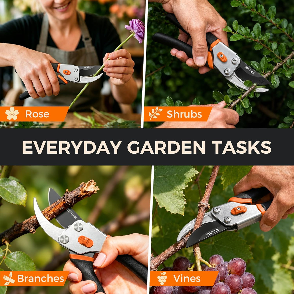 8.5" Bypass Pruning Shears, Jam-Proof Spring Clippers for branches