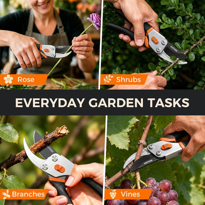 8.5" Bypass Pruning Shears, Jam-Proof Spring Clippers for branches