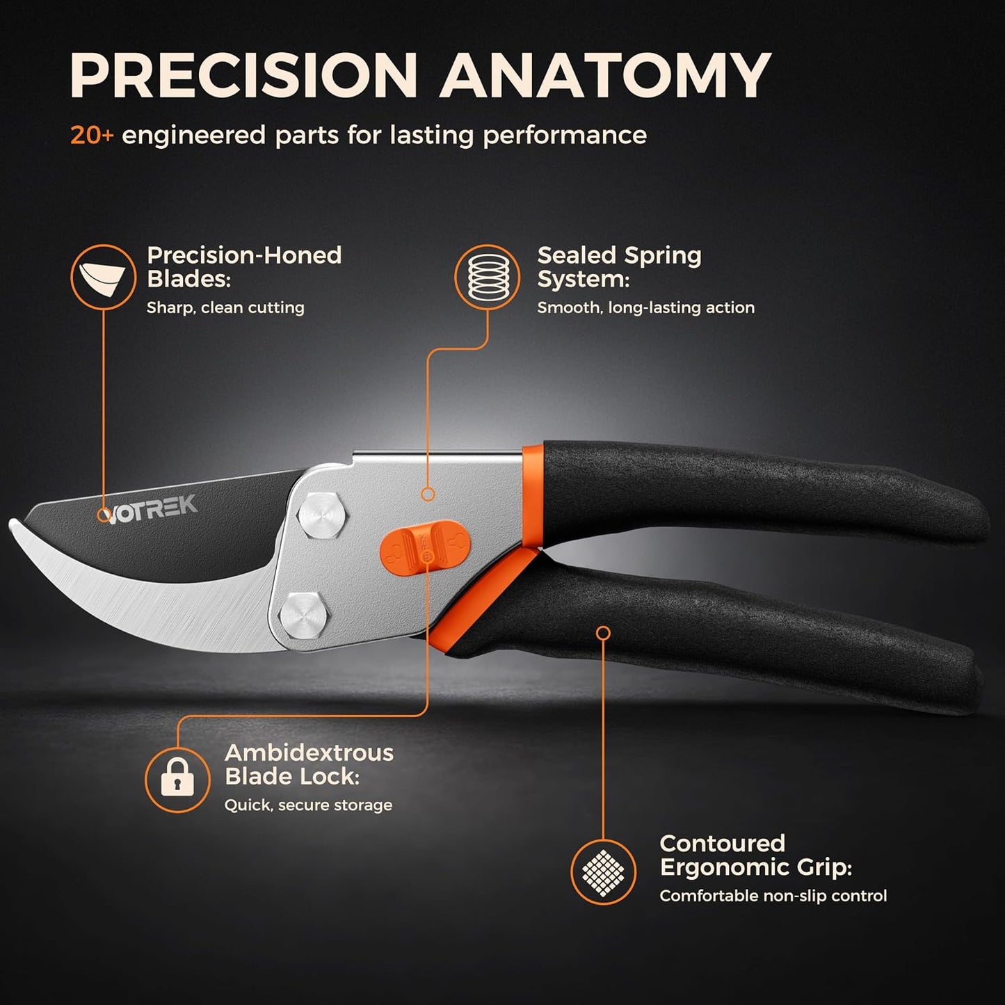 8.5" Bypass Pruning Shears, Jam-Proof Spring Clippers for branches