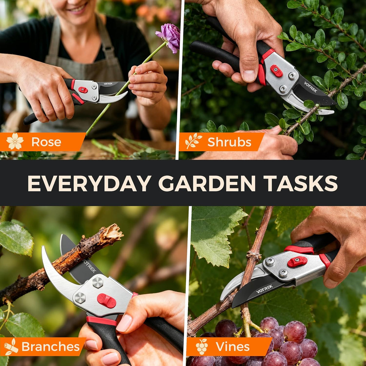 8.5" Bypass Pruning Shears, Jam-Proof Spring Clippers for branches