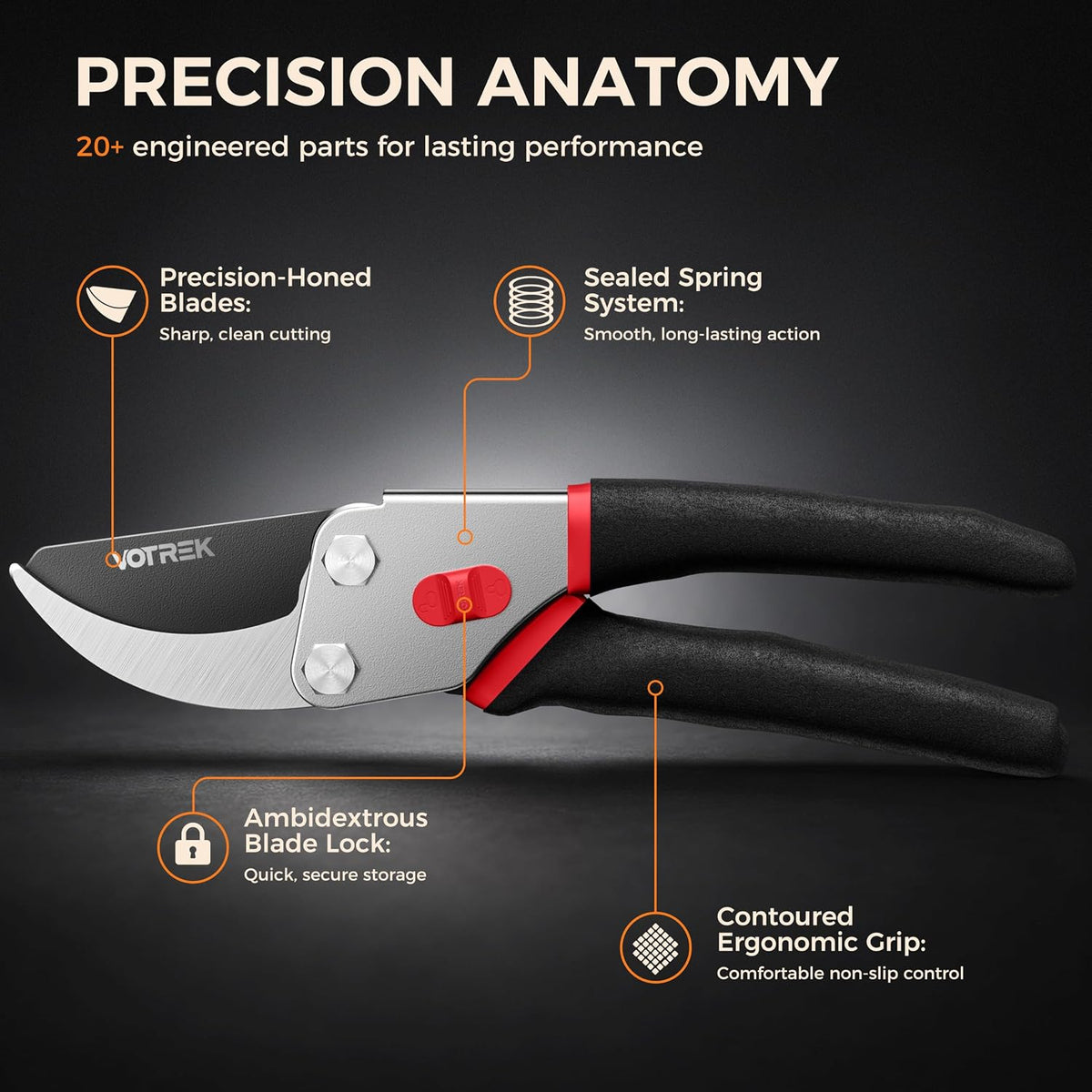 8.5" Bypass Pruning Shears, Jam-Proof Spring Clippers for branches