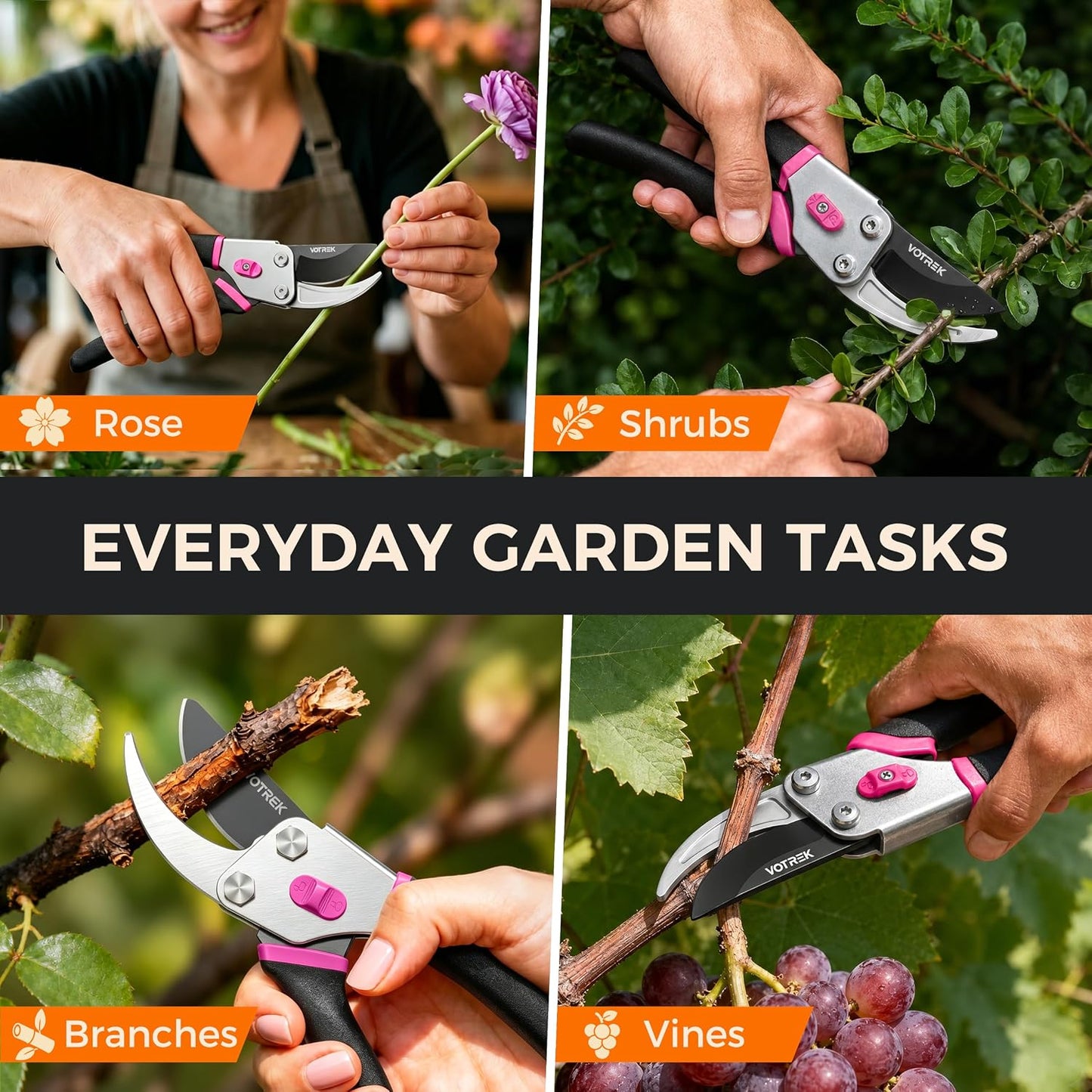 8.5" Bypass Pruning Shears, Jam-Proof Spring Clippers for branches