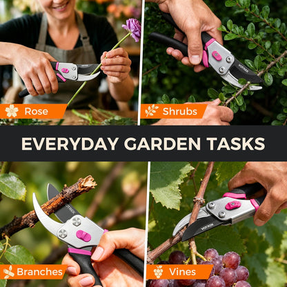 8.5" Bypass Pruning Shears, Jam-Proof Spring Clippers for branches