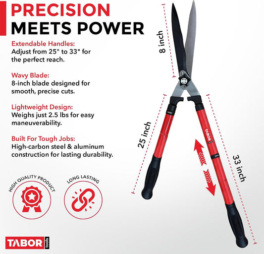 B212A Telescopic Hedge Shears with Wavy Blade and Extendable Steel Handles. Extendable Manual Hedge Clippers for Trimming Borders, Boxwood, and Tall Bushes.