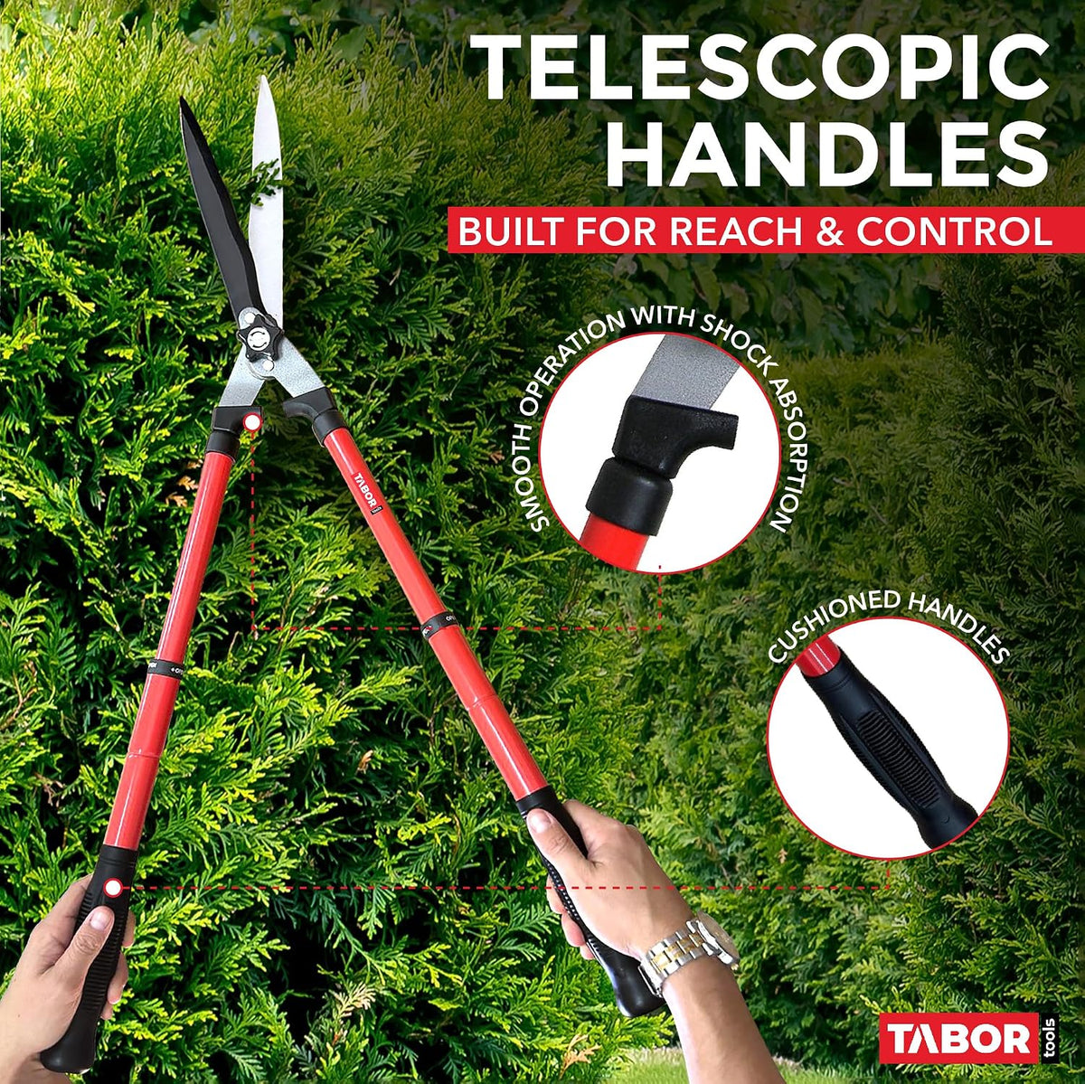 B212A Telescopic Hedge Shears with Wavy Blade and Extendable Steel Handles. Extendable Manual Hedge Clippers for Trimming Borders, Boxwood, and Tall Bushes.