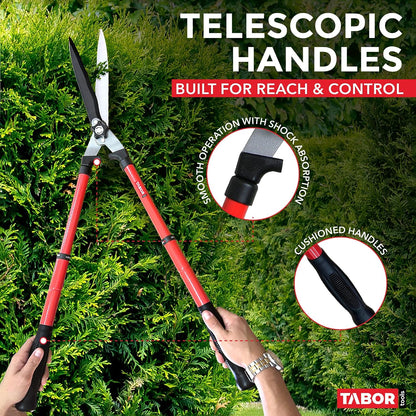 B212A Telescopic Hedge Shears with Wavy Blade and Extendable Steel Handles. Extendable Manual Hedge Clippers for Trimming Borders, Boxwood, and Tall Bushes.