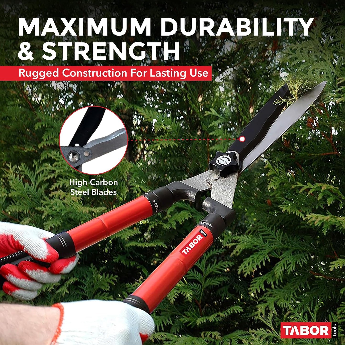 B212A Telescopic Hedge Shears with Wavy Blade and Extendable Steel Handles. Extendable Manual Hedge Clippers for Trimming Borders, Boxwood, and Tall Bushes.