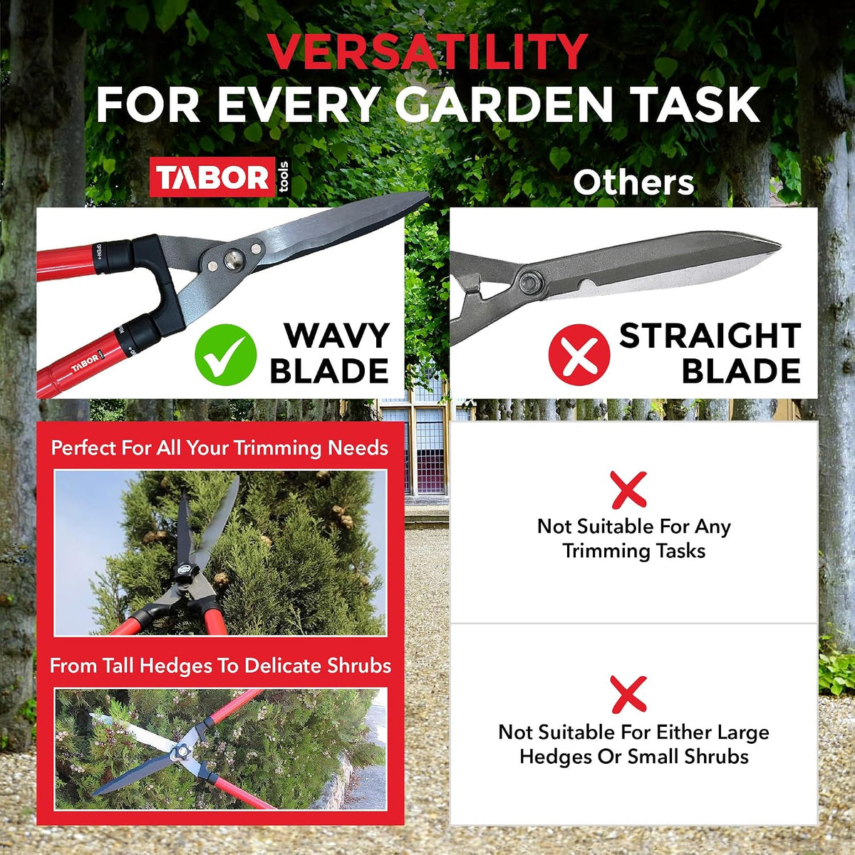 B212A Telescopic Hedge Shears with Wavy Blade and Extendable Steel Handles. Extendable Manual Hedge Clippers for Trimming Borders, Boxwood, and Tall Bushes.