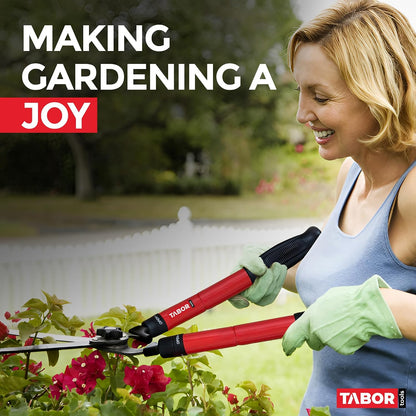 B212A Telescopic Hedge Shears with Wavy Blade and Extendable Steel Handles. Extendable Manual Hedge Clippers for Trimming Borders, Boxwood, and Tall Bushes.