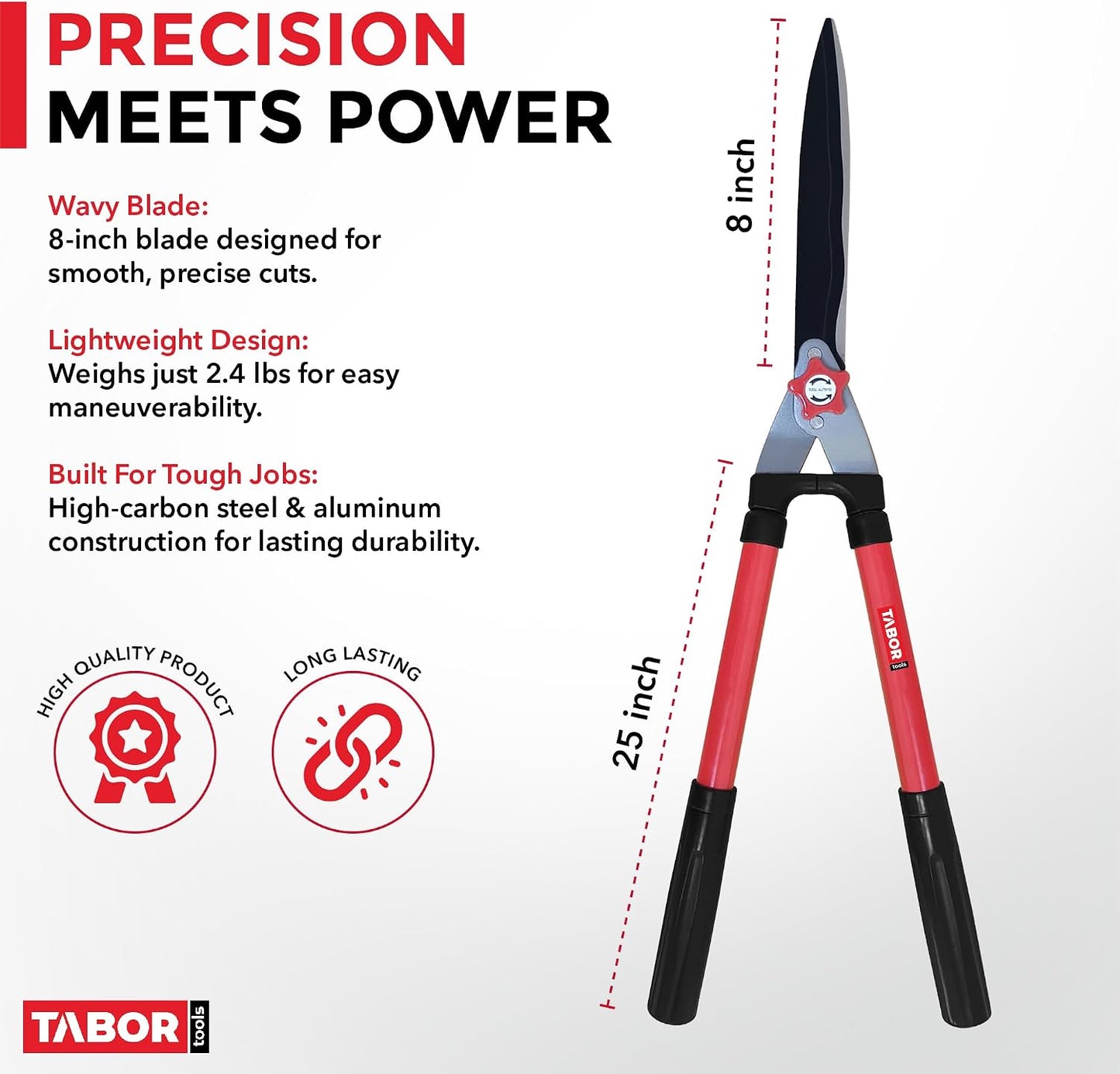 B212A Telescopic Hedge Shears with Wavy Blade and Extendable Steel Handles. Extendable Manual Hedge Clippers for Trimming Borders, Boxwood, and Tall Bushes.