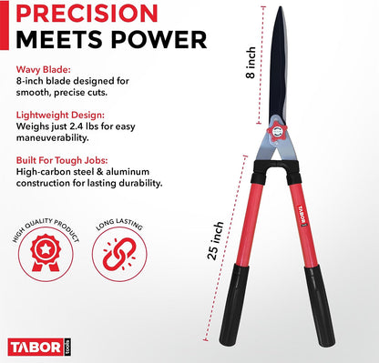 B212A Telescopic Hedge Shears with Wavy Blade and Extendable Steel Handles. Extendable Manual Hedge Clippers for Trimming Borders, Boxwood, and Tall Bushes.