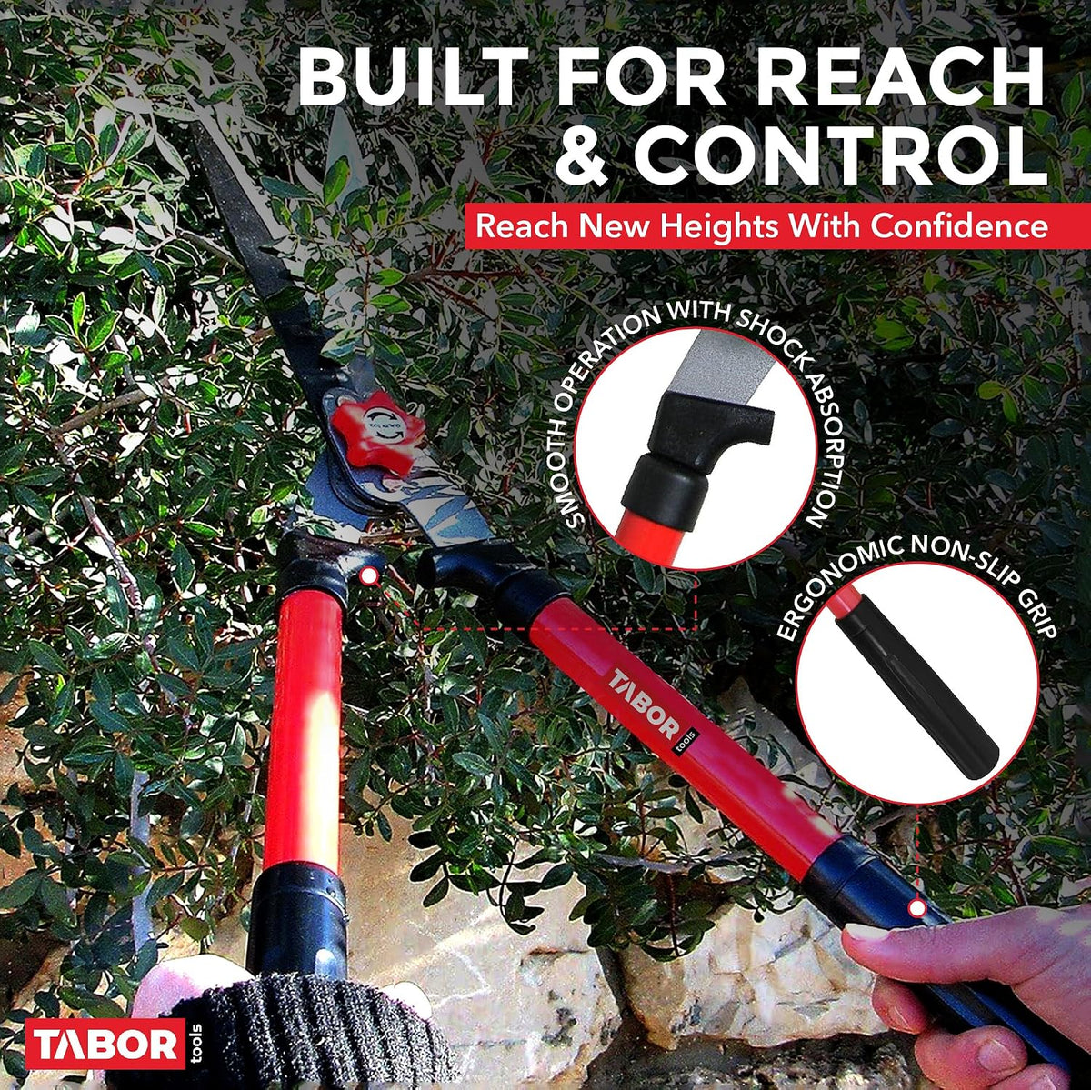 B212A Telescopic Hedge Shears with Wavy Blade and Extendable Steel Handles. Extendable Manual Hedge Clippers for Trimming Borders, Boxwood, and Tall Bushes.
