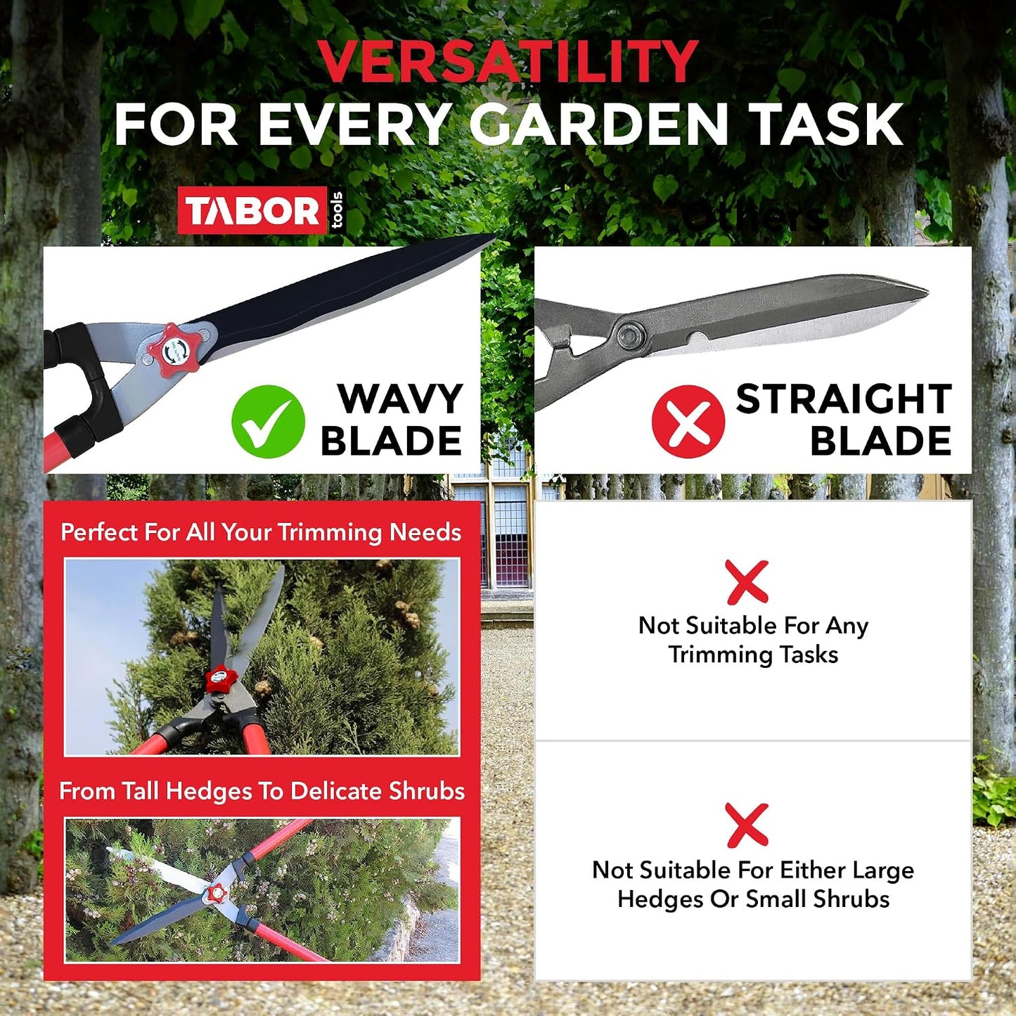 B212A Telescopic Hedge Shears with Wavy Blade and Extendable Steel Handles. Extendable Manual Hedge Clippers for Trimming Borders, Boxwood, and Tall Bushes.