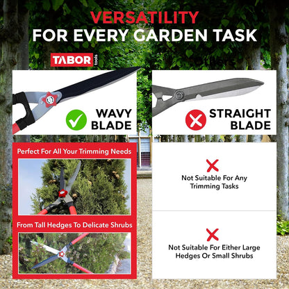 B212A Telescopic Hedge Shears with Wavy Blade and Extendable Steel Handles. Extendable Manual Hedge Clippers for Trimming Borders, Boxwood, and Tall Bushes.
