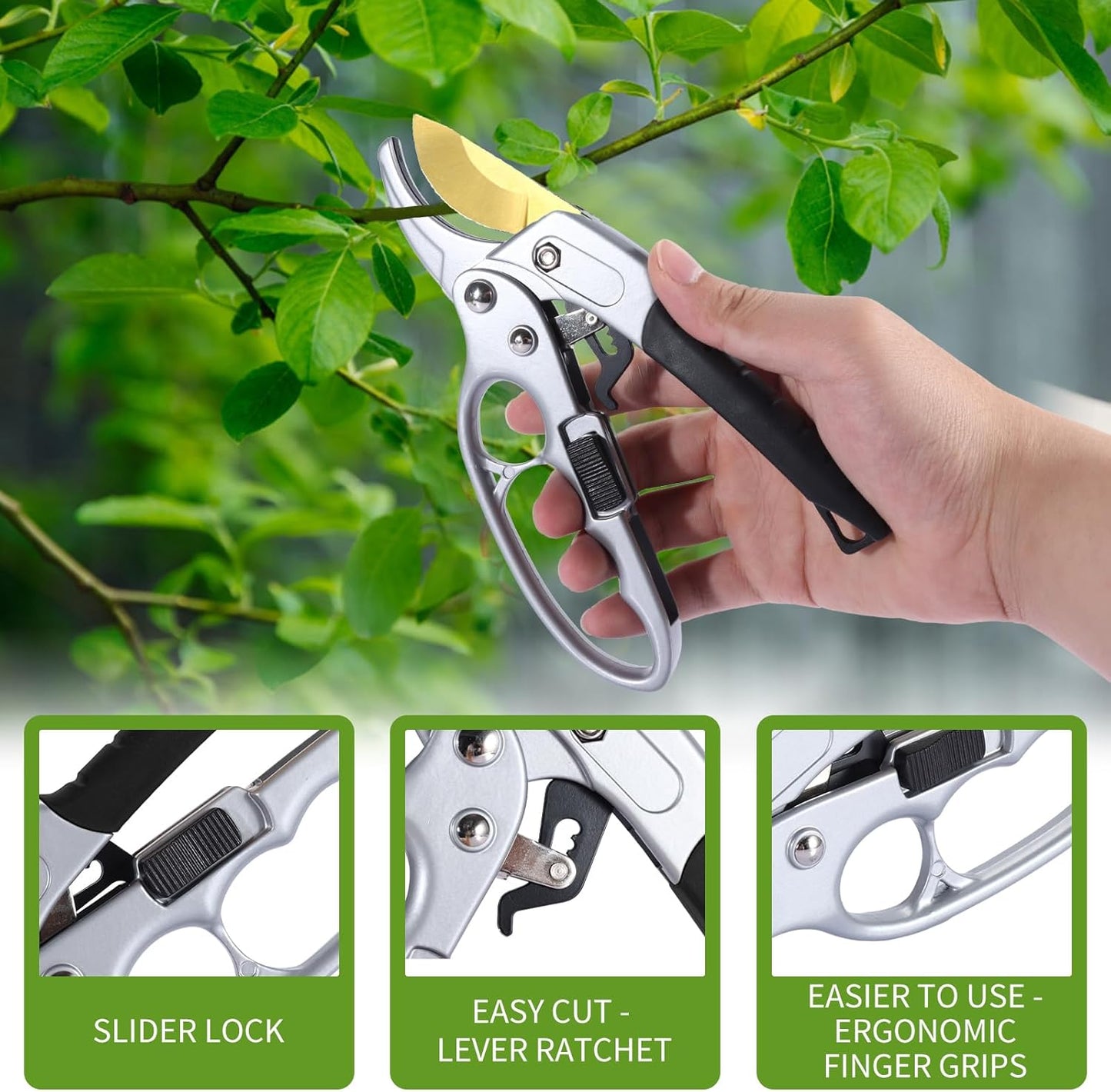 Germany Pruning Shears For Gardening, Arthritis Weak Hand Snips, 4x cutting power trimming, 1-Inch Cut Capacity Garden Clippers, Ergonomic handle, Rust resistant, high strength steel, Sharp