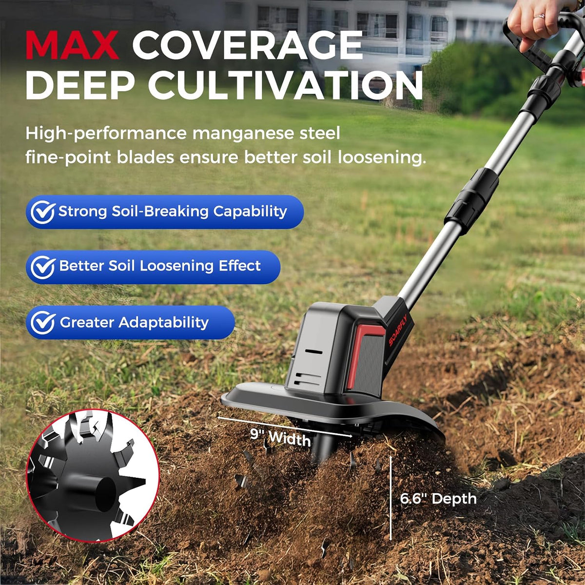 Cordless Tiller Cultivator 9" Width 6.6" Depth, 2×4.0Ah Batteries