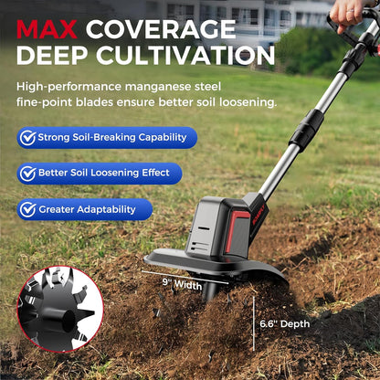Cordless Tiller Cultivator 9" Width 6.6" Depth, 2×4.0Ah Batteries