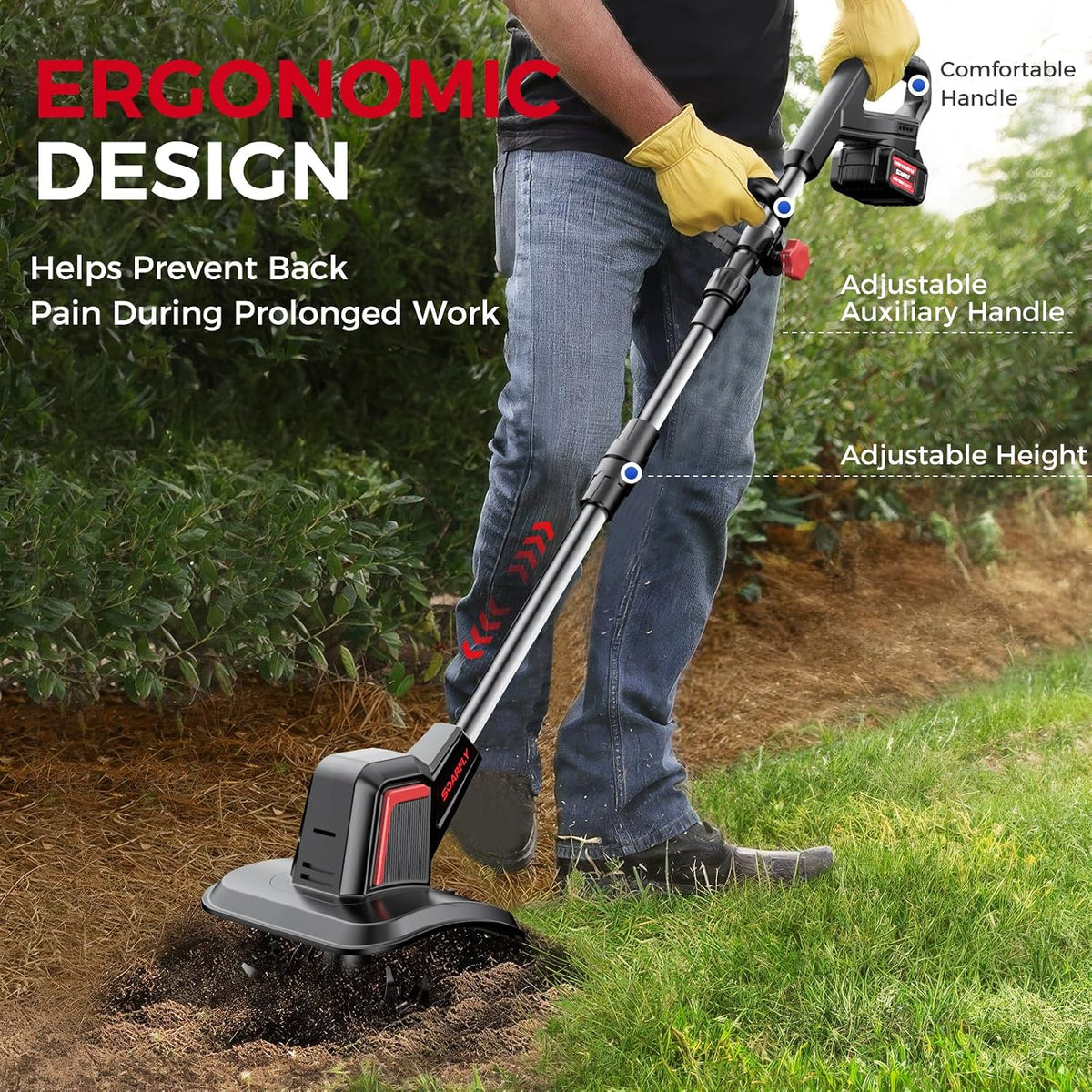 Cordless Tiller Cultivator 9" Width 6.6" Depth, 2×4.0Ah Batteries