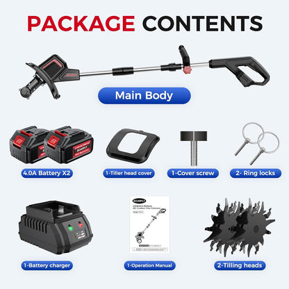 Cordless Tiller Cultivator 9" Width 6.6" Depth, 2×4.0Ah Batteries