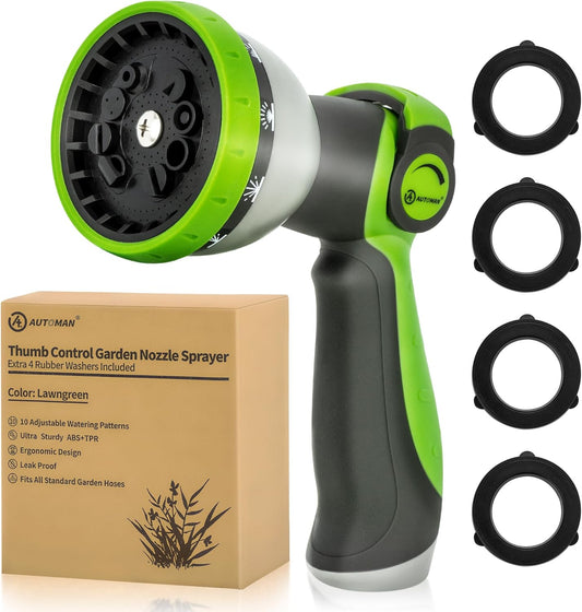 Garden Hose Nozzle Sprayer - 10 Spray Patterns, Thumb Control On Off Valve, Durable Water Nozzle, Extra 4 Washers, for Watering Garden, Cleaning, Washing Car, Showering Pets Lawngreen