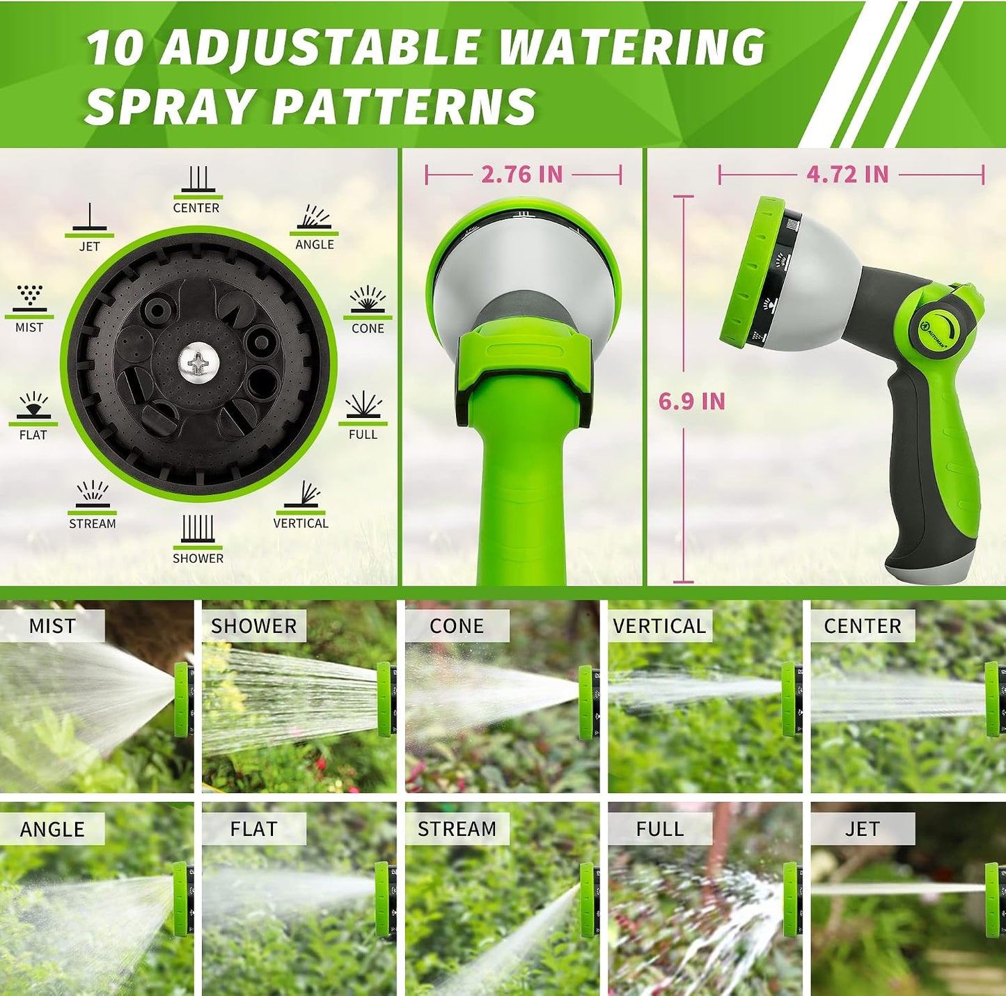 Garden Hose Nozzle Sprayer - 10 Spray Patterns, Thumb Control On Off Valve, Durable Water Nozzle, Extra 4 Washers, for Watering Garden, Cleaning, Washing Car, Showering Pets Lawngreen