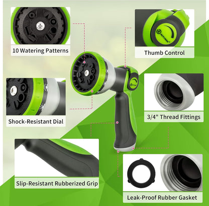Garden Hose Nozzle Sprayer - 10 Spray Patterns, Thumb Control On Off Valve, Durable Water Nozzle, Extra 4 Washers, for Watering Garden, Cleaning, Washing Car, Showering Pets Lawngreen