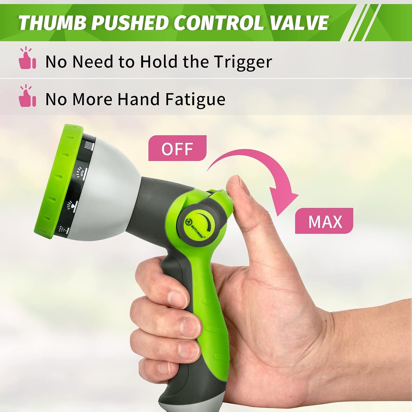 Garden Hose Nozzle Sprayer - 10 Spray Patterns, Thumb Control On Off Valve, Durable Water Nozzle, Extra 4 Washers, for Watering Garden, Cleaning, Washing Car, Showering Pets Lawngreen